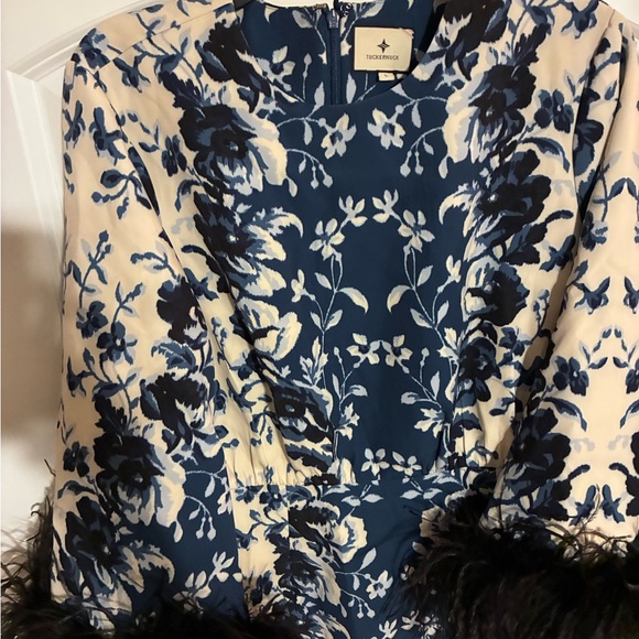 Tuckernuck Blue and White Floral Dress with Black Feather Cuffs - Picture 6 of 6